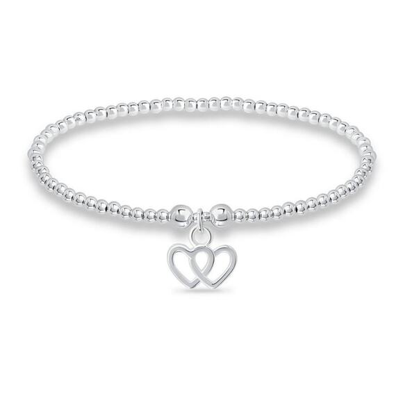 Macy's Jewelry - Bead Double Heart Charm Bracelet in Silver Plate 6 1/2” 6.5 inches